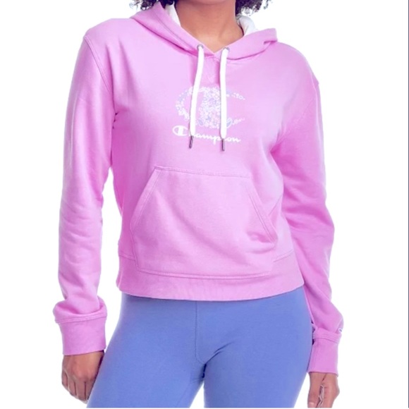 New CHAMPION Pink Violet French Terry Hoodie Logo Floral Front Size Large - Picture 4 of 12